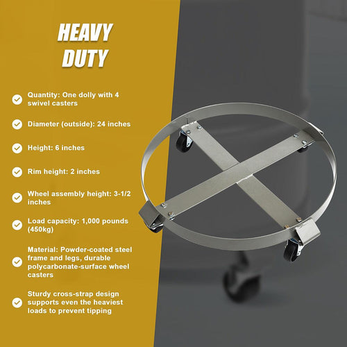 Drum Dolly 450kg 55 Gallon w Swivel Casters Heavy Duty Steel Frame Non Tipping