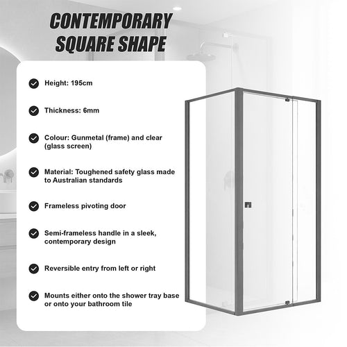 Semi-Frameless Shower Screen – Gunmetal, Front: (114~122)x195cm, Side: (77~80)x195cm