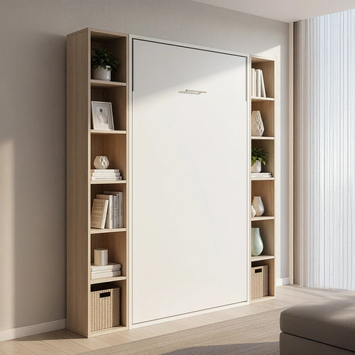 King-single Wall Bed in White – Space Saving Murphy Bed Kit with Gold Door Handle