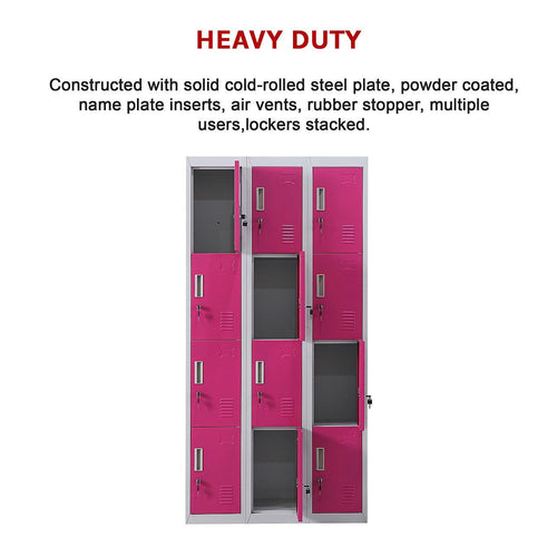 Grey with Pink Door 12-Door Locker for Office Gym Shed School Home Storage - Standard Lock with 2 Keys