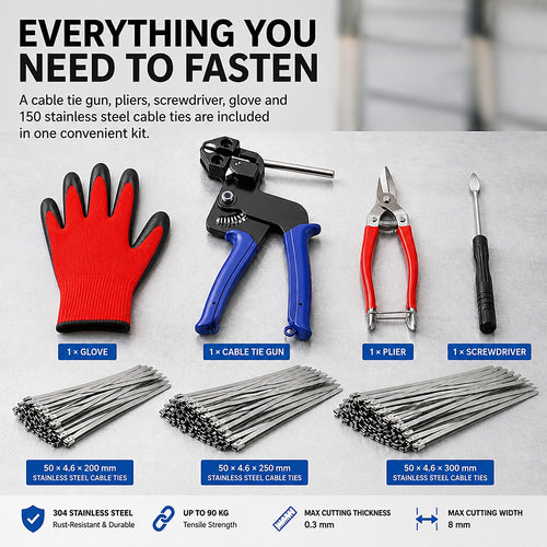 Cable Tie Gun Kit with 150 Stainless Steel Cable Ties & Tools