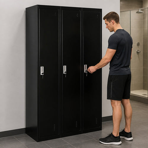 Three-Door Side by Side Storage Locker – Office, Gym & Shed Organisation Unit in Black
