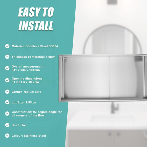 641 x 336 x 101mm Shower Niche Double Shelf Organizer No Tile Needed in Stainless Steel 