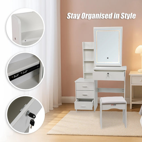 Makeup Vanity Table with LED Lighted Mirror & Stool – Bedroom Dressing Table with Storage Drawers