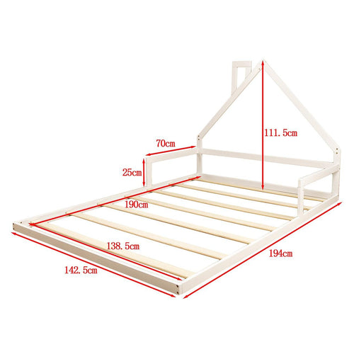 Pine Floor Bed House Frame in White for Kids and Toddlers - Double