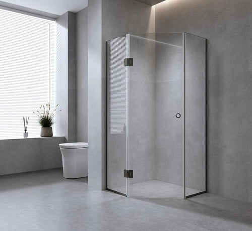 90cm Frameless Diamond Shower Screen with Black Channels and Brass Hinges & Round Handle