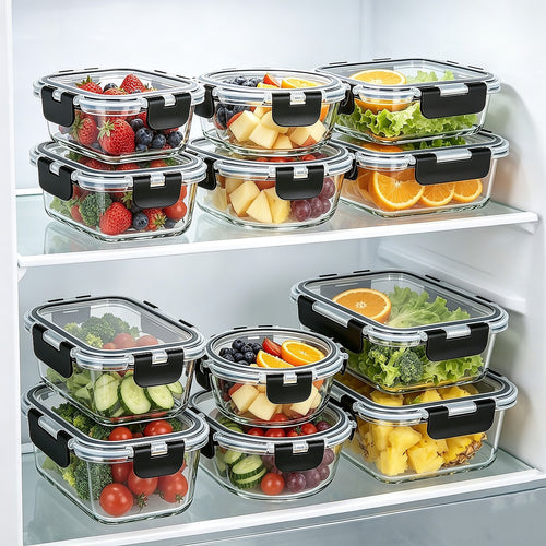 24 Piece Glass Food Storage Containers with Airtight Leakproof Lids Meal Prep Kitchen Storage Set