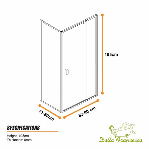 Semi-Frameless Shower Screen – Gunmetal, Front: (82~90)x195cm, Side: (77~80)x195cm