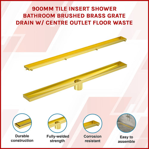 90cm Brushed Brass Tile Insert Shower Grate – Centre Outlet Floor Drain
