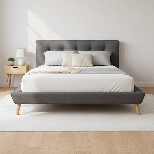 Queen Linen Fabric Bed with Button Tufted Headboard - Grey
