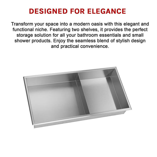 641 x 336 x 101mm Shower Niche Double Shelf Organizer No Tile Needed in Stainless Steel 