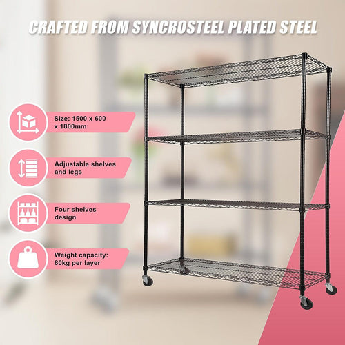 Modular Wire Storage Shelf 1200 x 600 x 1800mm Steel Shelving - Baking Black Technology with Wheels