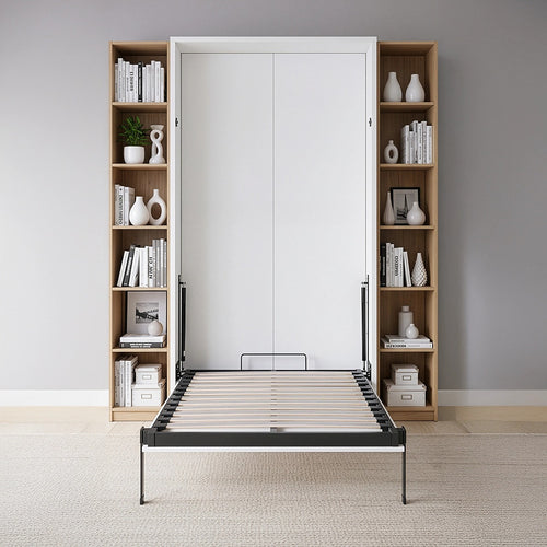 Single Wall Bed in White – Space Saving Murphy Bed Kit with Black Door Handle