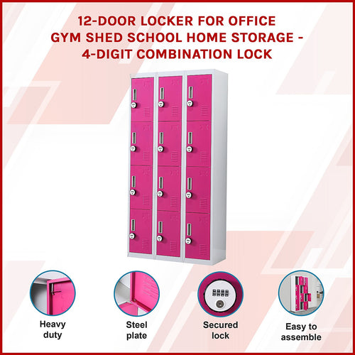 12-Door Locker – Grey with Pink Door with 4-Digit Combination Lock | Secure Storage for Office, Gym or School Use