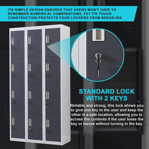 12-Door Locker – Grey with Charcoal Door with Standard Lock with 2 Keys | Secure Storage for Office, Gym or School Use