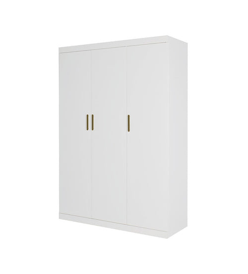3 Door White Wardrobe – Gold Handles, Hanging Rail & Shelves