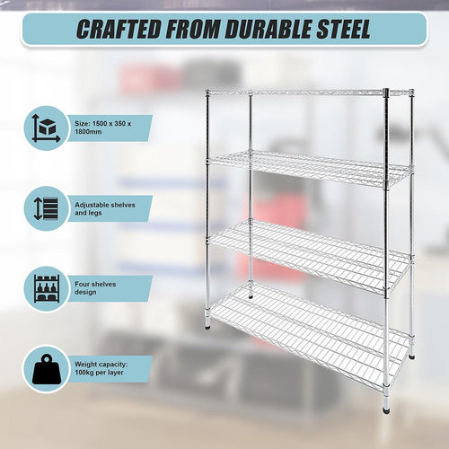 Modular Wire Storage Shelf 1500 x 350 x 1800mm Steel Shelving - Carbon Chrome Plated
