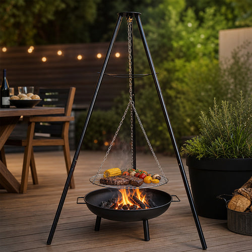 Cast Iron Fire Pit BBQ – Tripod Grill with Adjustable Height