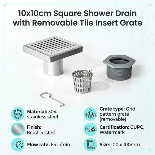 10x10cm Square Shower Drain with Grid Pattern Grate – Stainless steel 304SS