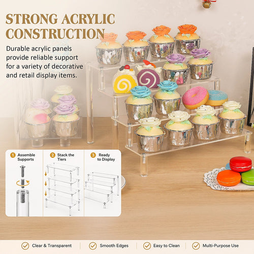 4 Tier Acrylic Display Riser Stand Clear Perfume Organiser Shelf for Cupcakes, Figures, Collectibles & Retail Displays