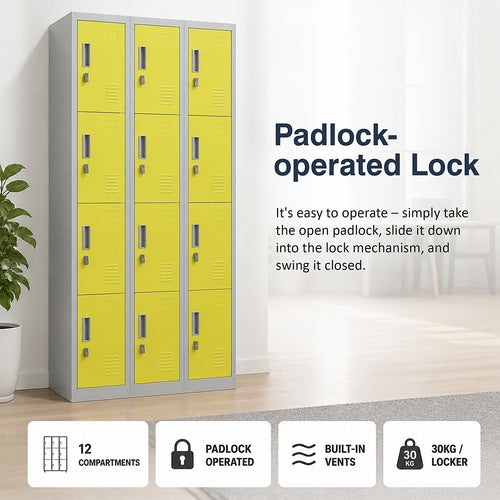 12-Door Steel Locker – Grey with Yellow Door, Padlock-operated