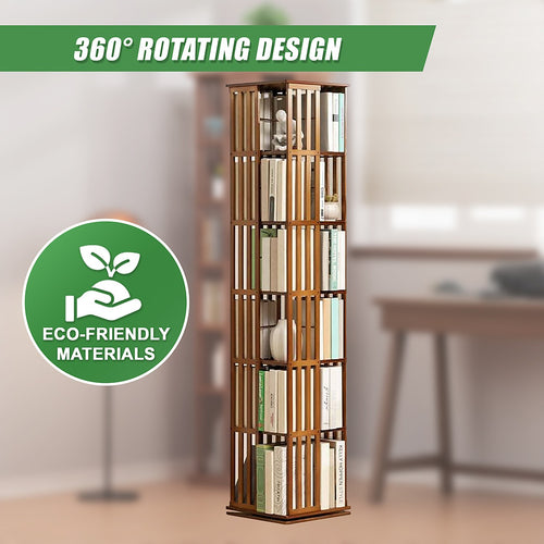 360 Rotating Bookshelf Bamboo Storage Display Rack Shelving in Dark Wood