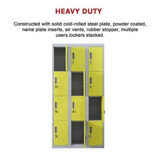 Grey with Yellow Door 12-Door Locker for Office Gym Shed School Home Storage - Padlock-operated