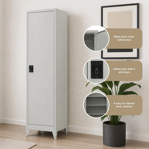Single Door Metal Locker Cabinet - Grey +with Legs
