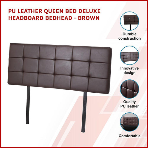 Queen PU Leather Bed Deluxe Headboard Bedhead - Brown
