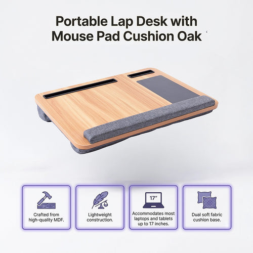 Portable Lap Desk with Mouse Pad & Cushion – Oak Finish Laptop Table