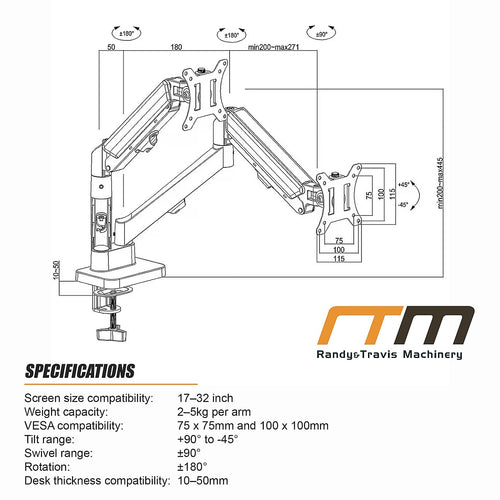 Dual Arm Monitor Desk Mount Bracket 17–32 Inch Spring Assisted Full Motion