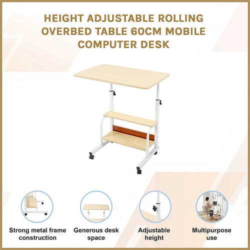 Height Adjustable Rolling Overbed Table 60cm Mobile Computer Desk for Home & Care