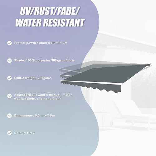 Automatic Retractable Awning 5x2.5m - Grey Outdoor Wall Sunshade
