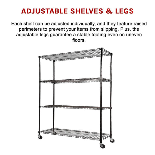 Modular Wire Storage Shelf 1200 x 450 x 1800mm Steel Shelving - Baking Black Technology with Wheels
