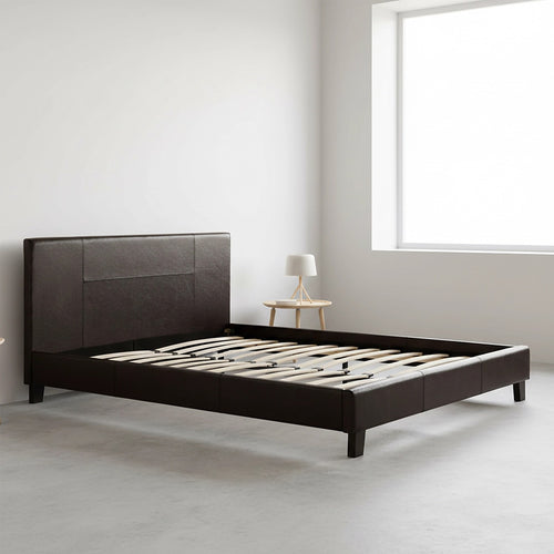 Queen Size Bed Frame with Headboard – Brown PU Leather