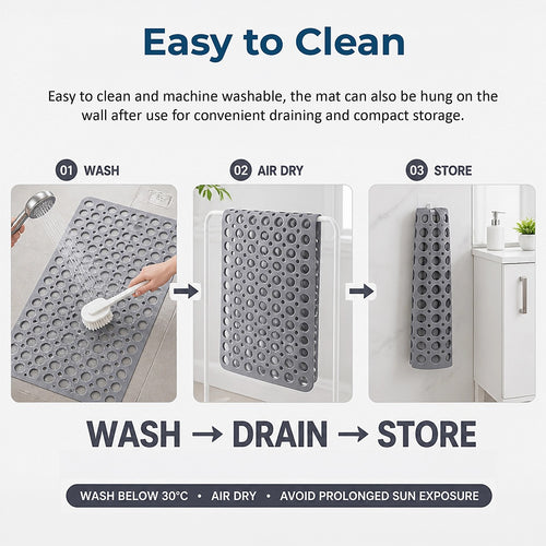 60x90cm Grey Non Slip Bath Mat TPE Shower Mat with Suction Cups