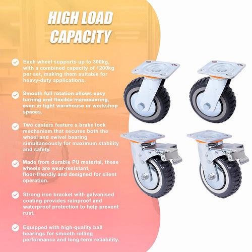 150mm Heavy Duty Plate Caster Wheels Set of 4 1200kg Swivel