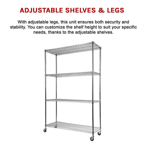 Modular Wire Storage Shelf 1500 x 450 x 1920mm Steel Shelving - Carbon Chrome Plated with Wheels