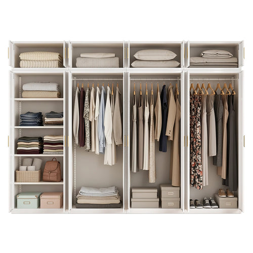 320x240cm 8-Door White Steel 3 Hanging and 1 Shelf Wardrobe with Gold Handle Storage Cabinet