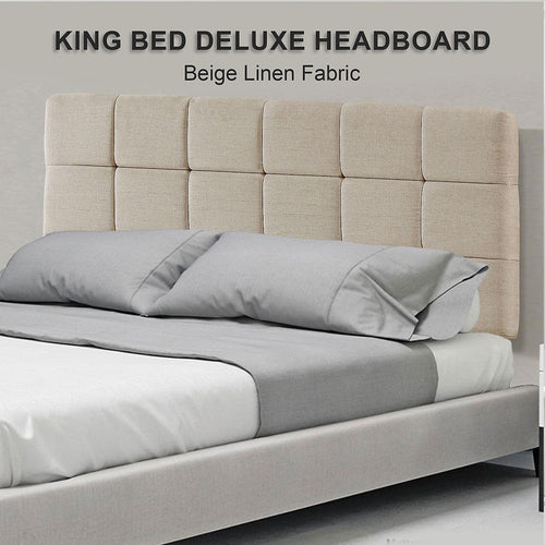 Beige Linen Fabric King Deluxe Tufted Headboard Bedhead