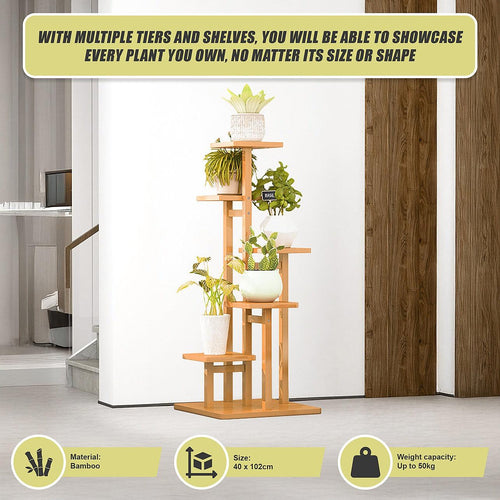 5 Tiers Vertical Bamboo Plant Stand Staged Flower Shelf Rack Outdoor Garden - Wood