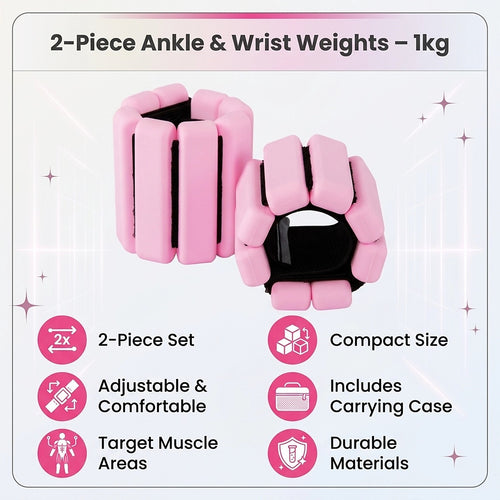2-Piece Ankle & Wrist Weights – 1kg Pair Adjustable Workout Bangles Pink for Fitness Training