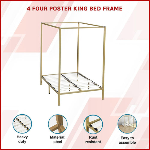 4 Four Poster King Bed Frame - Gold