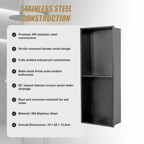 70cm Black Recessed Shower Niche Shelf 304 Stainless Steel No Tile Bathroom Wall Insert