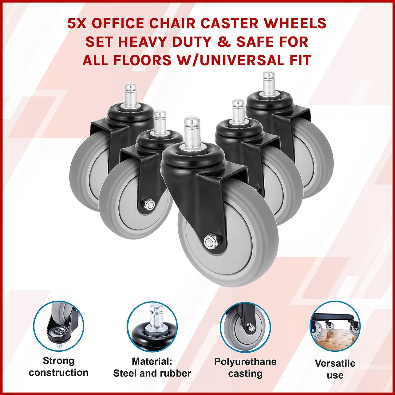 Set Of 5 Heavy-Duty Soft Tread Office Chair Casters - PU Rubber Wheels (Model CS-5538)
