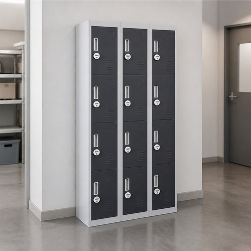12-Door Steel Locker – Grey with Charcoal Door, 4-Digit Combination Lock
