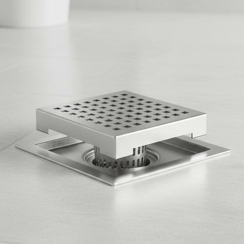15 x 15cm Square Shower Drain with Grid Pattern Grate – Chrome Stainless Steel