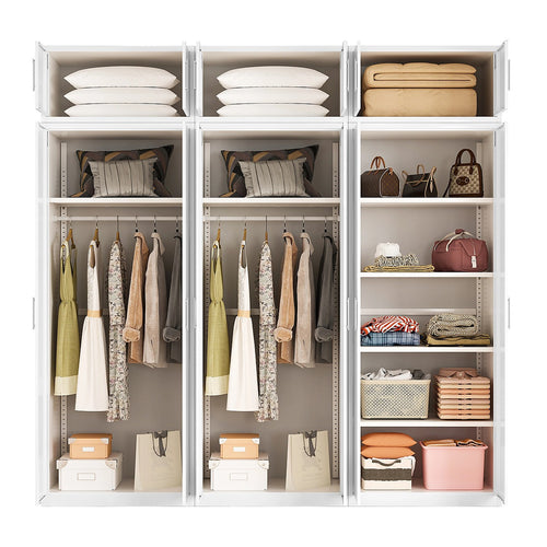 240x240cm 6-Door White Steel 2 Hanging and 1 Shelf Wardrobe with White Handle Storage Cabinet