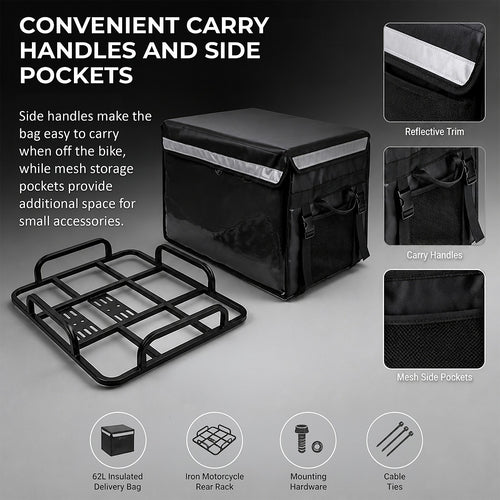 62L Insulated Food Delivery Bag with Motorcycle Rear Rack Kit