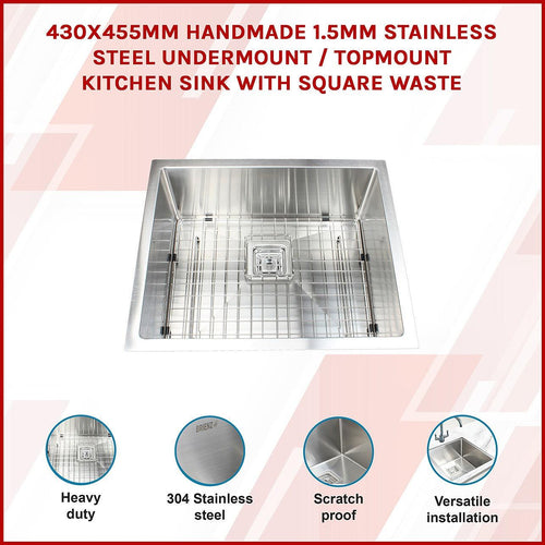 430x455mm Handmade 1.5mm Stainless Steel Sink with Square Waste